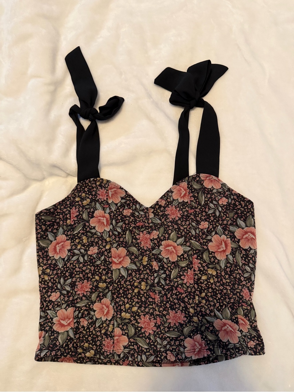 Floral Tie-Shoulder Bustier Crop Top - Black with Pink Floral